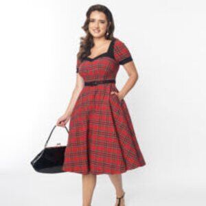 Unique Vintage Red & Black Tartan Plaid Belted Swing Dress Plus Size